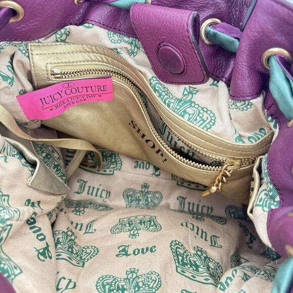 Vintage Juicy Couture Daydreamer Tote Bag Purse Royal Dog Bow Pompom Pin Charm - Picture 9 of 11
